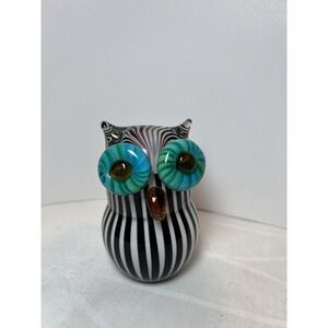 VTG Hand Blown Glass Owl Paperweight Figurine Black And White Stripes